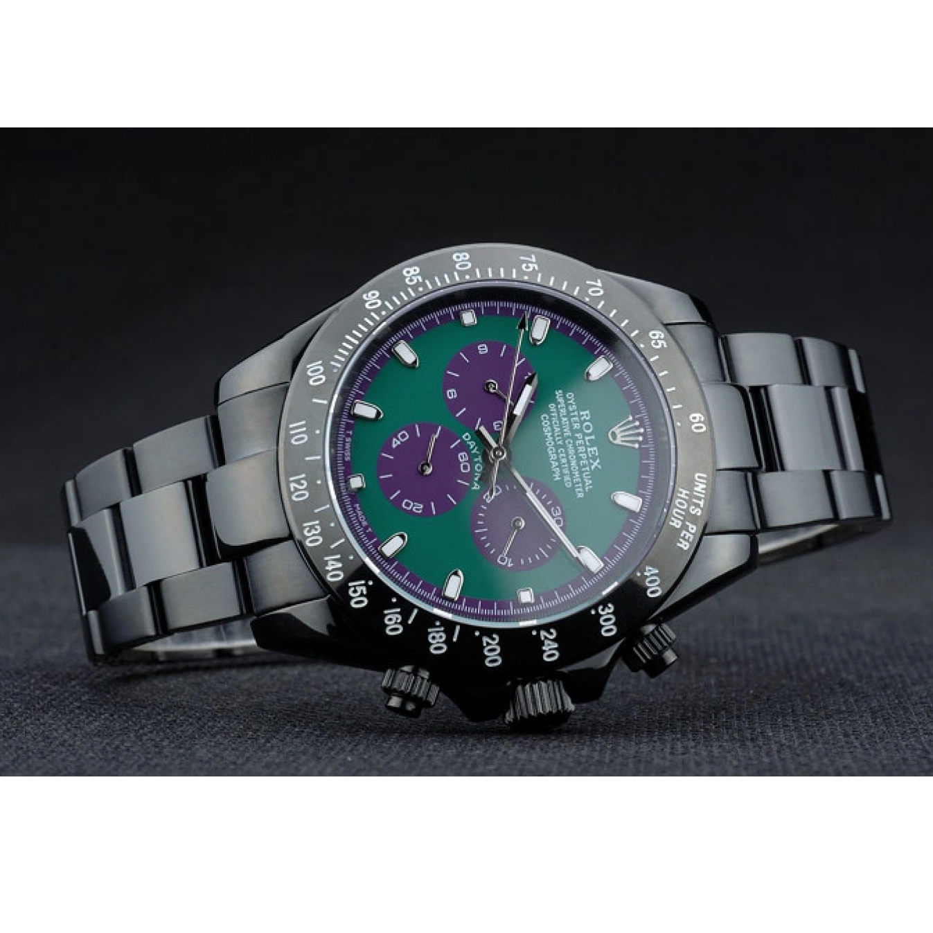 Aaa replica watch 80246 Dial Steel Plated Ion Black Rolex Daytona Strap Stainless Black Green Tachymeter 0626